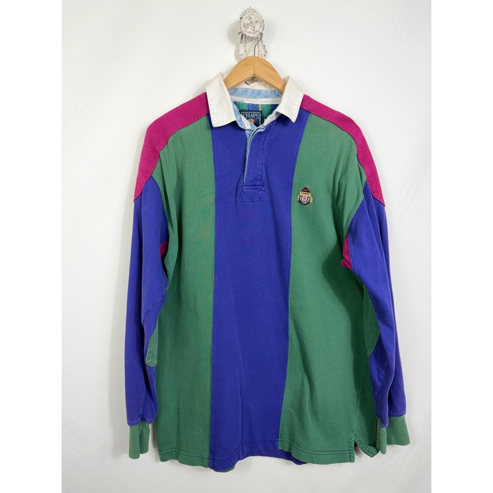 Chaps Ralph Lauren Rugby Shirt Mens L Green Blue Colorblock Vintage 90s Crest